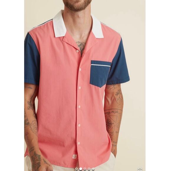Marine layer Sz S Navy Dusty Rose Retro Colorblock Resort Camp Button Up Shirt - Picture 1 of 7